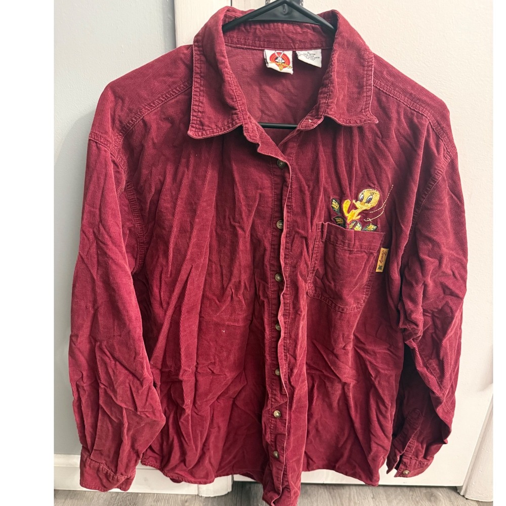 Vintage 2001 Looney Tunes Tweety Bird Corduroy Shirt Burgundy Red Large